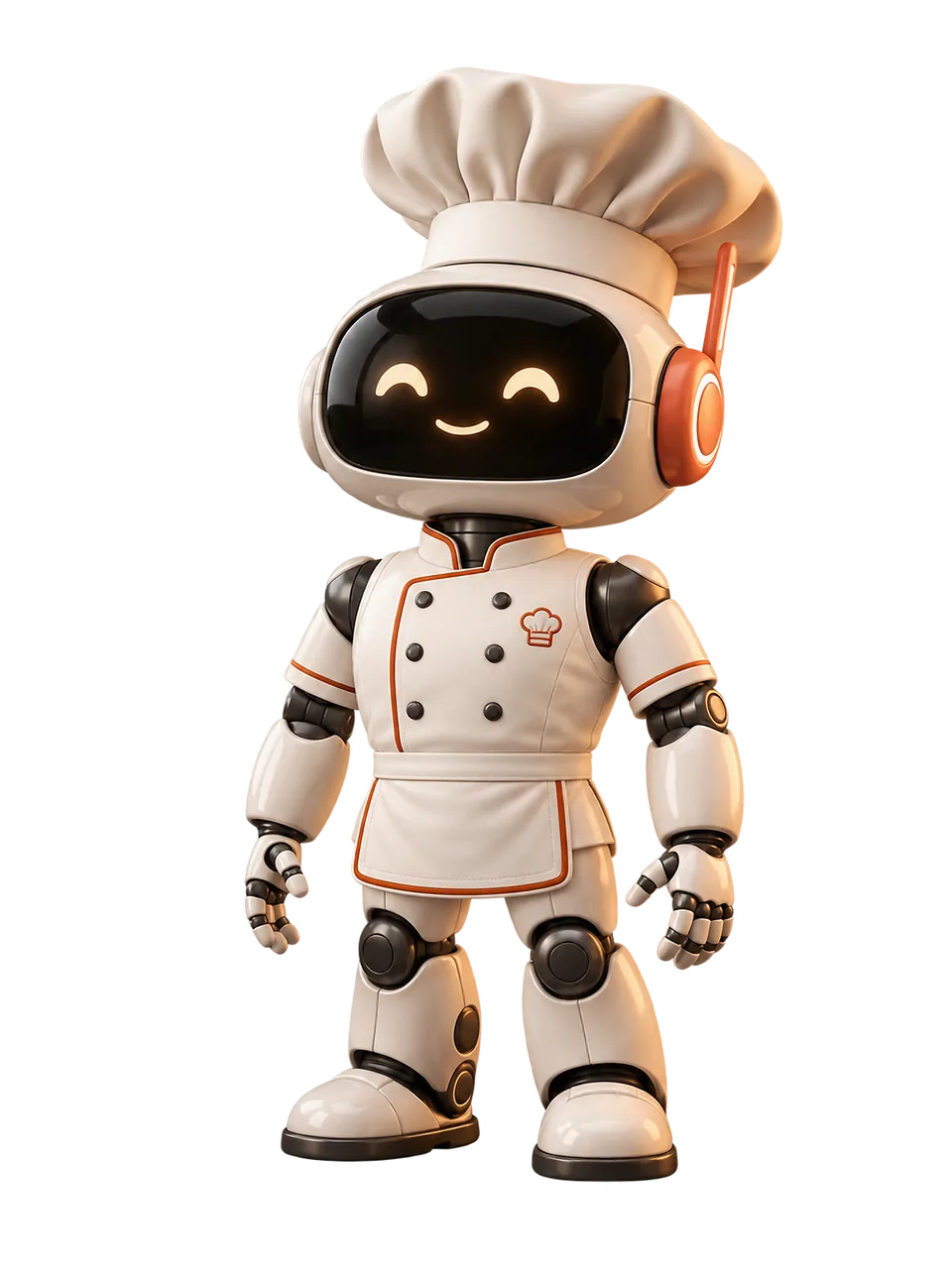 Robô-chef da LOOP de jaleco e chapéu de chef, sorrindo, pronto para começar